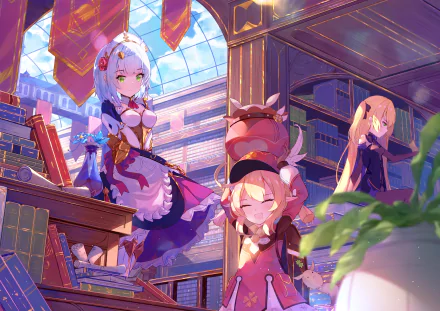 HD desktop wallpaper featuring Fischl, Noelle, and Klee from the video game Genshin Impact in a vibrant, sunlit library setting.