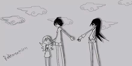 Minimalist 8K Ultra HD anime wallpaper featuring Hitagi Senjōgahara, Koyomi Araragi, and Shinobu Oshino from Bakemonogatari in a monochrome Monogatari series style.