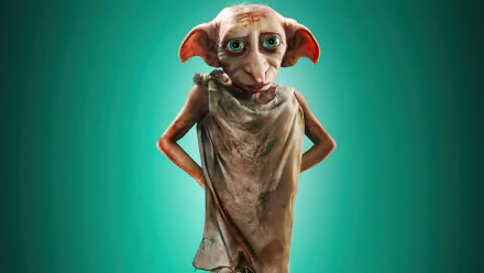 Dobby from the movie Harry Potter and the Chamber of Secrets in 4K Ultra HD PC desktop wallpaper: the house-elf in a ragged tunic standing against a teal gradient background.