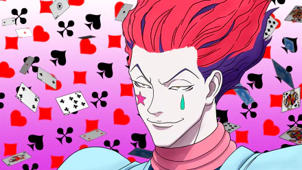 HD PC desktop wallpaper featuring Hisoka from Hunter × Hunter with playing cards and colorful spade, heart, diamond, and club symbols in the background.