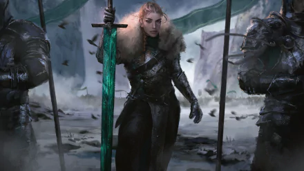 A fierce woman warrior with blonde hair in a braid, wielding a green sword, stands confidently in a fantasy landscape, flanked by armored figures amidst swirling mist. HD desktop wallpaper.