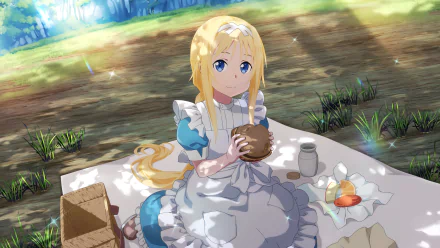 Alice Zuberg from Sword Art Online: Alicization is depicted enjoying a picnic in a bright, serene forest setting in this HD PC desktop wallpaper from Sword Art Online: Alicization Rising Steel.