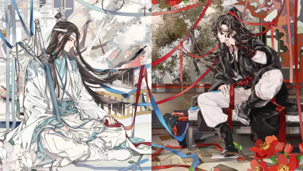 A stunning HD wallpaper featuring Wei Ying and Lan Zhan from Mo Dao Zu Shi, showcasing their intricate designs amidst vibrant colors and flowing ribbons.