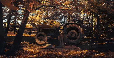 2K Quad HD PC desktop wallpaper: an anime girl standing by a weathered tractor in a sunlit autumn grove, warm golden leaves drifting around them.