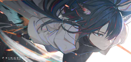 HD PC desktop wallpaper of Texas (Arknights): dynamic close-up of her in motion, dark hair and coat, focused gaze, stylized motion blur and light streaks.