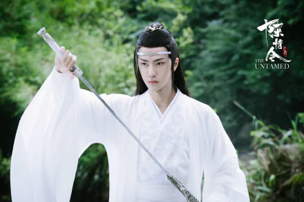 Wang Yibo as Lan Wangji from TV show The Untamed in white robes, holding a sword against a lush green background, featured in an HD desktop wallpaper.