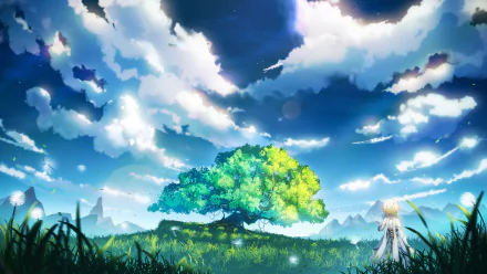 HD desktop wallpaper of Lumine from Genshin Impact, standing before a vibrant tree under a bright, cloud-filled sky in a scenic meadow.