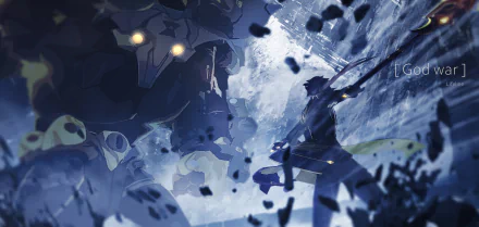 HD desktop wallpaper featuring Zhongli from the video game Genshin Impact, depicting an intense battle scene with a robotic enemy. The background showcases dramatic lighting and shattered debris.