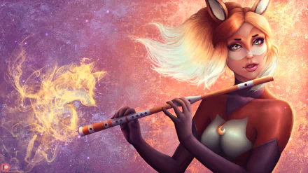 HD PC desktop wallpaper featuring Rena Rouge from the TV show Miraculous Ladybug, playing a glowing flute against a cosmic background.