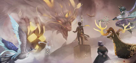 HD wallpaper featuring Ganyu, Zhongli, and Xiao from Genshin Impact in an epic battle scene with a dragon.