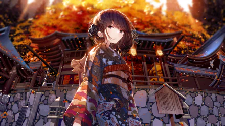 HD desktop wallpaper depicting an anime girl with brown short hair wearing a kimono. She stands in front of a shrine, surrounded by autumn colors and lanterns, creating a peaceful, traditional Japanese atmosphere.