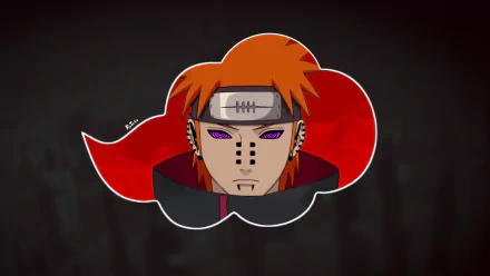 HD wallpaper featuring Pain from Naruto with his distinctive Rinnegan eyes and Akatsuki cloak, set against a dark background with the red Akatsuki cloud symbol.