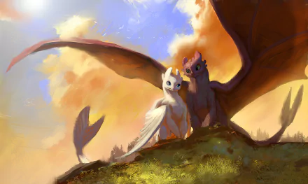 Toothless and a Light Fury dragon from How to Train Your Dragon: Homecoming soar together in a vibrant 4K Ultra HD PC desktop wallpaper background.