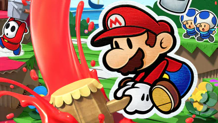 HD desktop wallpaper of Paper Mario: Color Splash featuring Mario in action with vibrant paint and characters in the background.
