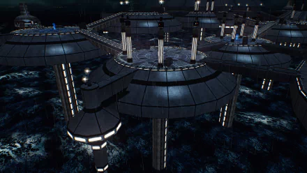 HD desktop wallpaper showing the rain-drenched platforms of Kamino from Star Wars, with a nighttime ocean backdrop.