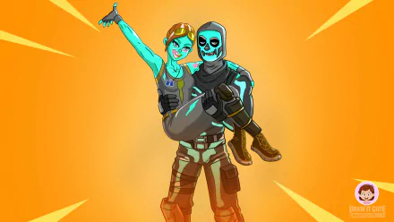HD desktop wallpaper of Fortnite's Skull Trooper and Ghoul Trooper characters posing confidently on an orange background.