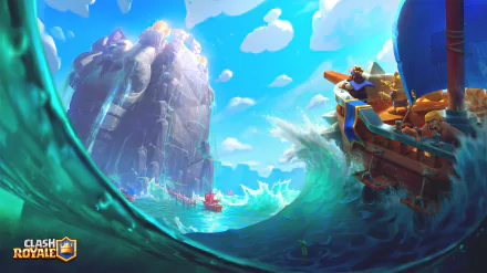 2K Quad HD PC desktop wallpaper featuring the Clash Royale video game: vibrant ocean cove with crashing waves, a ship firing from the right, rocky cliffs and a bright cloud-filled sky.