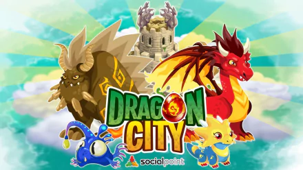 HD desktop wallpaper featuring Dragon City game with colorful dragons and a castle, for fans of the Social Point game.