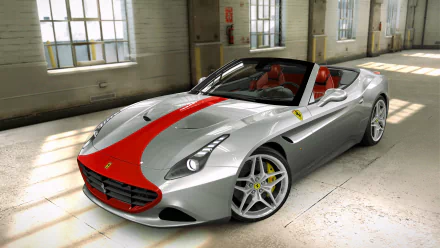 HD desktop wallpaper from CSR Racing 2 featuring a sleek silver sports car with a red stripe, parked in an industrial garage.
