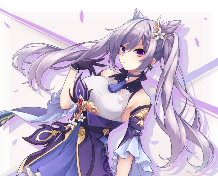 HD PC desktop wallpaper featuring Keqing from the video game Genshin Impact, showcasing her in a dynamic pose with detailed purple-themed attire and flowing hair.