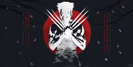 4K Ultra HD wallpaper of Logan James Howlett as Wolverine from The Wolverine movie, featuring his iconic claws against a red circle with Japanese text and falling petals.