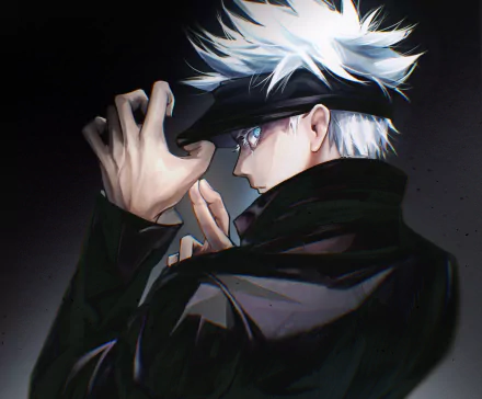 HD wallpaper of Satoru Gojo from Jujutsu Kaisen, featuring his iconic white hair and black outfit, looking serious against a dark background.