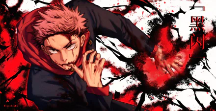 HD wallpaper of Yuji Itadori from Jujutsu Kaisen, in school uniform with pink hair and brown eyes, set against a dynamic red and black background.
