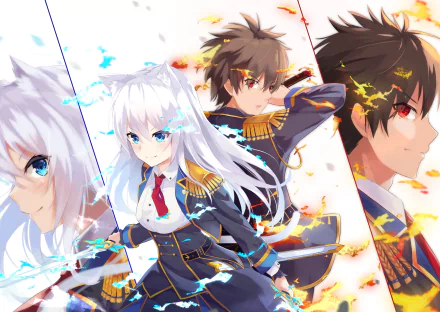 HD anime desktop wallpaper featuring a dynamic anime couple in detailed military-style uniforms with vibrant, energetic background effects.