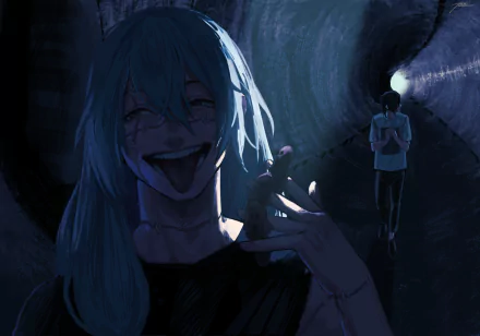 Anime HD desktop wallpaper featuring Mahito grinning maliciously in the foreground and Junpei Yoshino walking in a dark tunnel, both characters from Jujutsu Kaisen. The scene is ominous and dramatically lit.