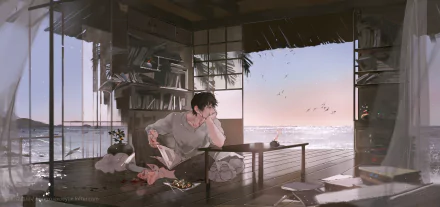 HD desktop wallpaper featuring Toji Fushiguro from Jujutsu Kaisen, sitting contemplatively in a breezy, sunlit room overlooking the sea.