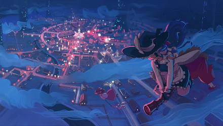 A 4K Ultra HD anime desktop wallpaper featuring Kasen Ibaraki, Reimu Hakurei, and Marisa Kirisame from Touhou overlooking a glowing cityscape at night.