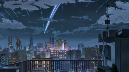 HD desktop wallpaper featuring an anime cityscape from Your Name with a dark sky illuminated by glowing comets and scattered clouds.