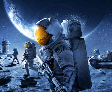 HD PC desktop wallpaper of astronauts on the Moon from the TV show For All Mankind — suited crew under an Earth-lit blue sky with lunar vehicles and a distant base.