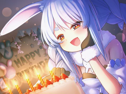 HD anime wallpaper featuring Usada Pekora from Hololive with blue hair and animal ears, smiling beside a birthday cake with lit candles.