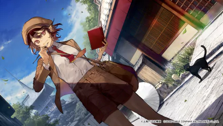 Aya Shameimaru (Touhou) anime 5K Ultra HD PC desktop wallpaper: Aya in reporter outfit holding a red notebook, windblown scarf, crow at her feet on a tilted sunlit village street.