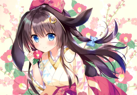 long hair japanese clothes brown hair blue eyes animal ears Anime girl anime girl HD Desktop Wallpaper | Background Image