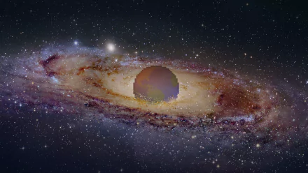 4K Ultra HD pixel art wallpaper blending Minecraft and sci-fi elements, featuring a detailed galaxy with a glowing central sphere.