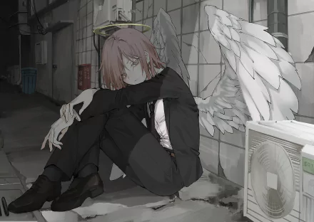 HD desktop wallpaper featuring the Angel Devil from Chainsaw Man. The character is sitting in an alleyway with wings spread out, creating a dramatic anime scene.