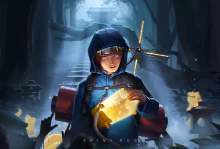 HD desktop wallpaper showing Naruto Uzumaki from the anime Naruto, depicted in a mystical forest setting, holding a glowing yellow scroll. His serious expression contrasts with the magical ambience around him.