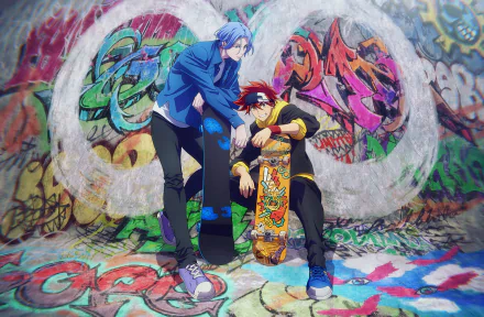 HD desktop wallpaper featuring anime characters Reki Kyan and Langa Hasegawa from SK8 the Infinity, standing in front of colorful graffiti art.