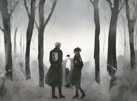 Anime-style HD desktop wallpaper featuring Levi Ackerman, Hange Zoë, and Erwin Smith from Attack on Titan standing in a misty, leafless forest.