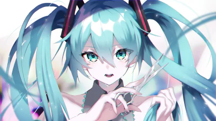 HD anime wallpaper featuring Hatsune Miku with aqua eyes, long aqua twintails, and tears, captured in a detailed Vocaloid-style illustration.