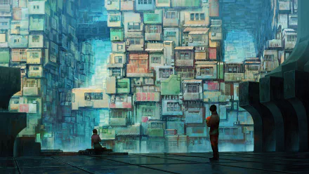 Futuristic sci-fi cityscape with towering, stacked structures and two people observing the scene in a detailed 4K Ultra HD PC desktop wallpaper.