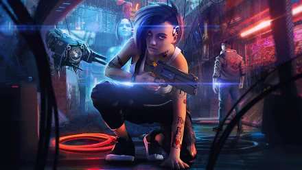 Judy from Cyberpunk 2077 crouches with a gun in a neon-lit futuristic alley, captured in vibrant 4K Ultra HD PC desktop wallpaper style.