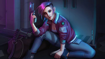 purple hair short hair gun Sci Fi cyberpunk HD Desktop Wallpaper | Background Image