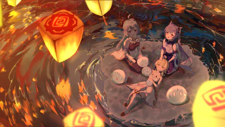 HD desktop wallpaper featuring Lumine, Keqing, and Ganyu from Genshin Impact, relaxing on a floating platform surrounded by glowing lanterns in a mystical setting.