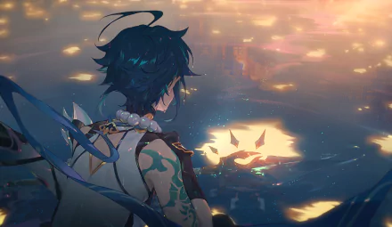 HD desktop wallpaper featuring Xiao from the video game Genshin Impact, depicting Xiao overlooking a serene, glowing landscape at twilight.
