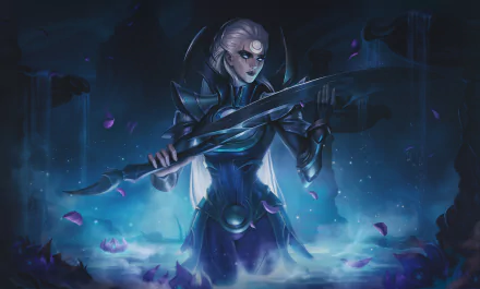 HD PC desktop wallpaper featuring Diana from League of Legends, depicted in dark armor wielding her crescent blade with a mystical, blue-toned background.