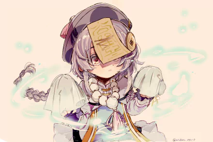 2K Quad HD PC wallpaper of Qiqi (Genshin Impact video game): small undead healer with talisman on her forehead, braided hair, pale outfit and glowing aqua spirit wisps.