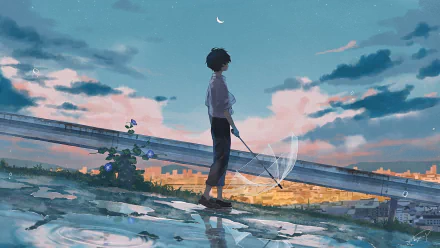 An HD anime wallpaper featuring a boy holding a transparent umbrella, standing by water at sunset with a vibrant sky in the background.